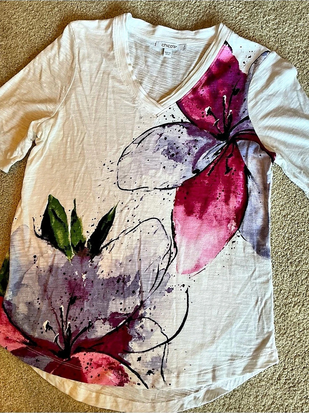 Chico's Floral Short Sleeve Top White & Pink Size 0